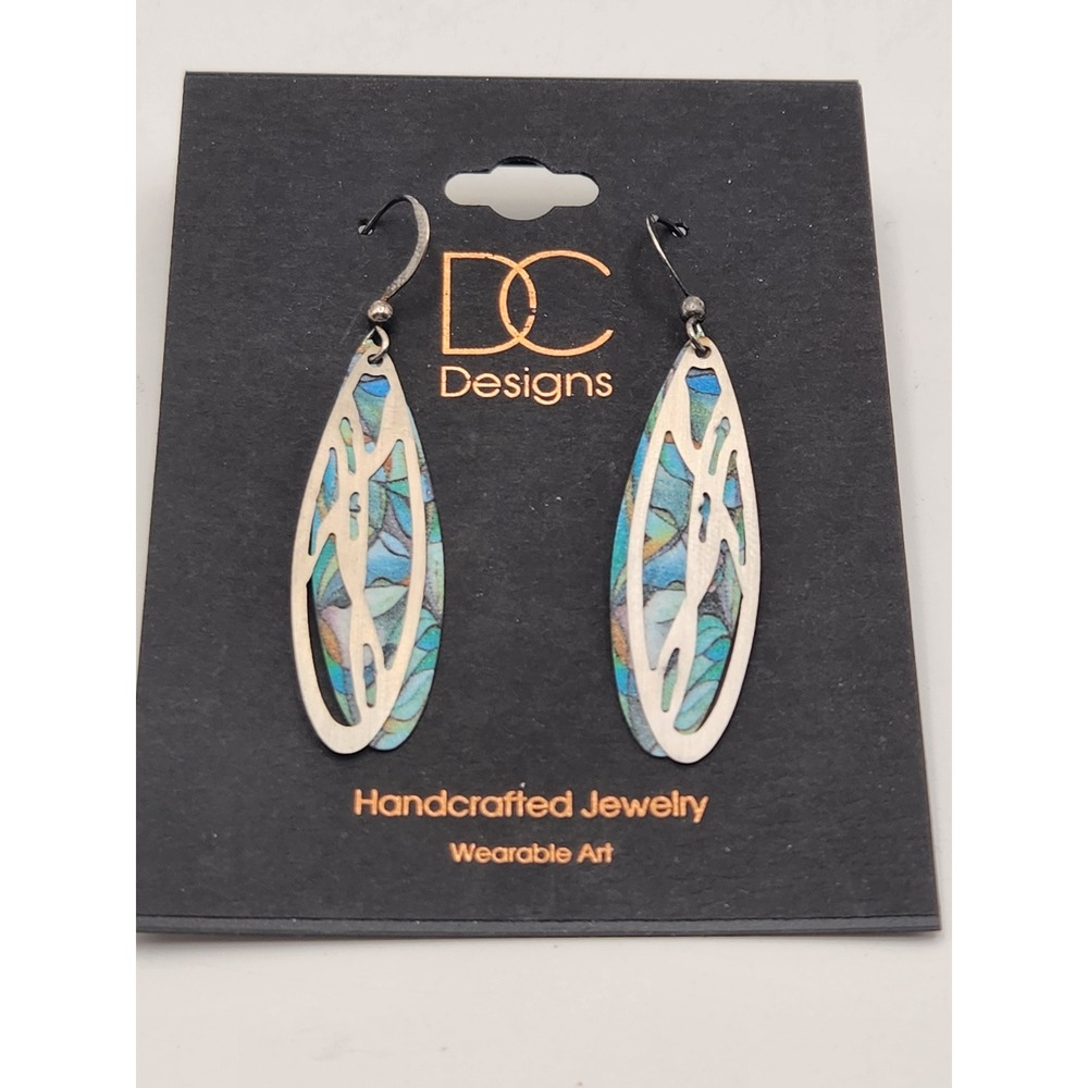 DC Designs‎ Handcrafted Abstract Nature Giclee Print Dangle Earrings Blue Silver